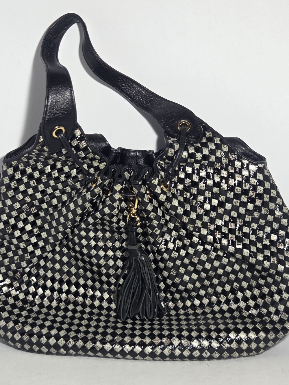 Two Nine Collection Woven Checkerboard Hobo Bag Black Cream Leather Slouchy